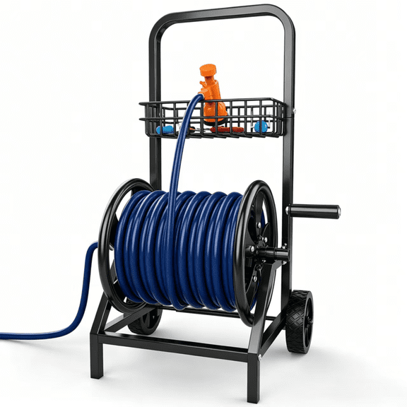 Yacona Portable Hose Reel Cart with Wheels, Heavy Duty Garden Hose Cart with Storage Basket, for Garden, Yard, Lawn, Farm, Black