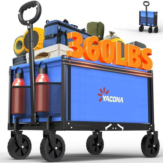 Yacona 3 in 1 Wagons Carts Foldable, Heavy Duty Utility Cart with Wheels, Collapsible Wagon for Beach, Camping, Grocery and Garden, 360LBS, Blue