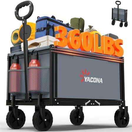 Yacona Wagons Carts Foldable, 3 in 1 Heavy Duty Utility Cart with Wheels, Collapsible Wagon with Cup Holders, for Camping, Grocery and Garden, Gray