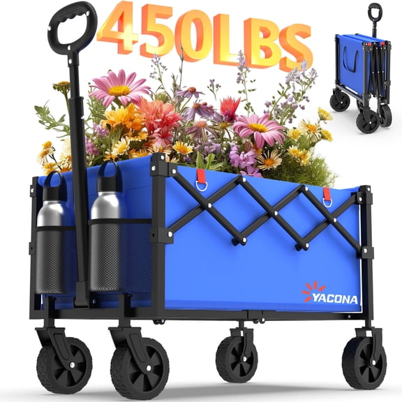 Yacona Wagons Carts Foldable, 450 lb Capacity Folding Wagon Cart with Wheels for Camping, Garden, Shopping, Blue