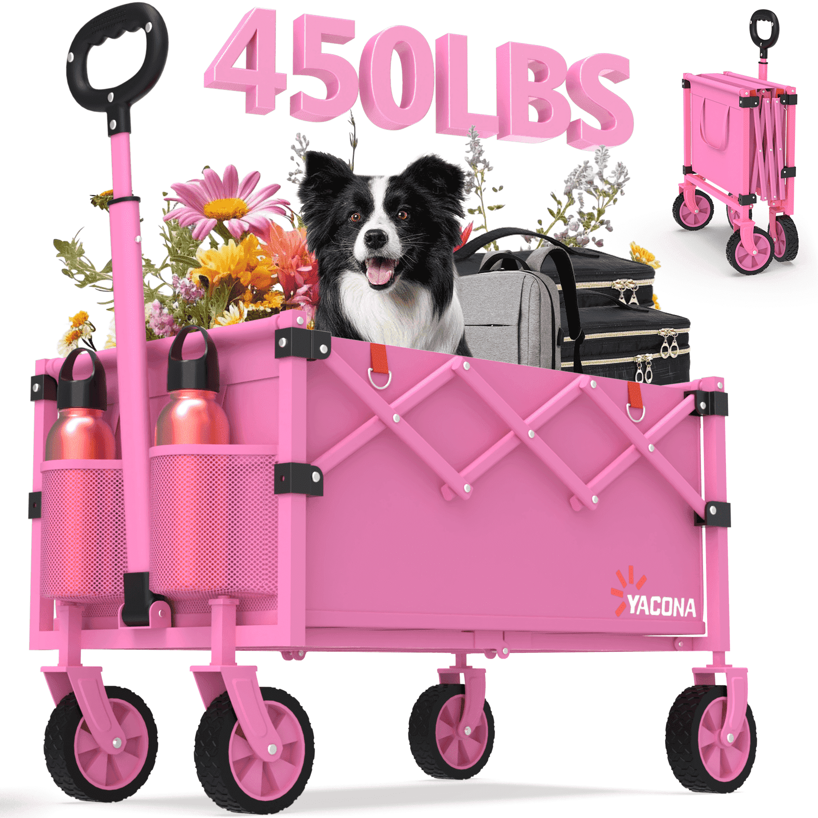 Yacona Wagons Carts Foldable, 450 lb Capacity Folding Wagon Cart with Wheels for Camping, Garden, Shopping, Pink