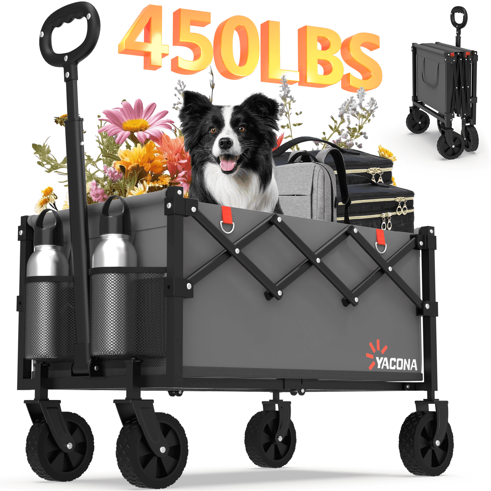 Yacona Wagons Carts Foldable, 450 lb Capacity Folding Wagon Cart with Wheels for Camping, Garden, Shopping, Gray