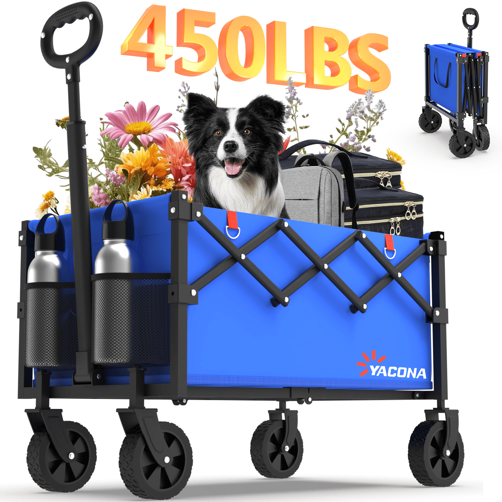 Yacona Wagons Carts Foldable, 450 lb Capacity Folding Wagon Cart with Wheels for Camping, Garden, Shopping, Blue