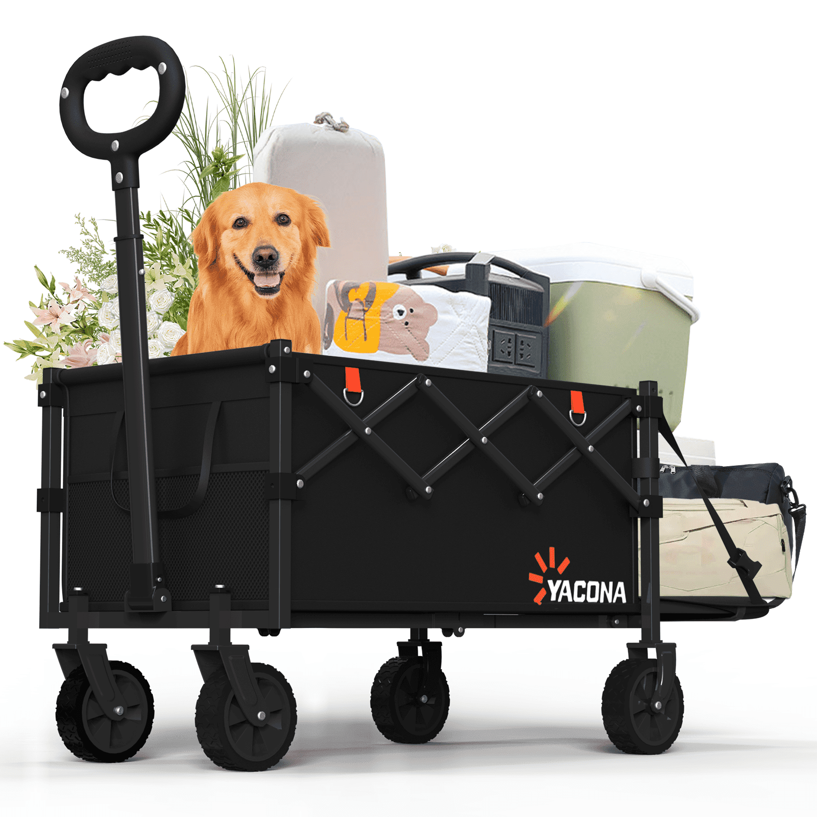 Yacona Wagons Carts Foldable with Tailgate, 360lbs Collapsible Extended Beach Wagon, Heavy Duty Folding Utility Cart, Black