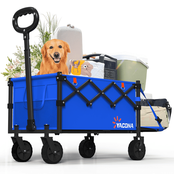 Yacona Wagons Carts Foldable with Tailgate, 360lbs Collapsible Extended Beach Wagon, Heavy Duty Folding Utility Cart, Blue