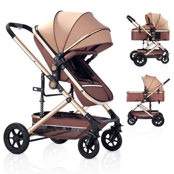 OEIKPFN Baby Stroller, Foldable Baby Stroller Reversible Bassinet, Travel Stroller for Newborn, Khaki
