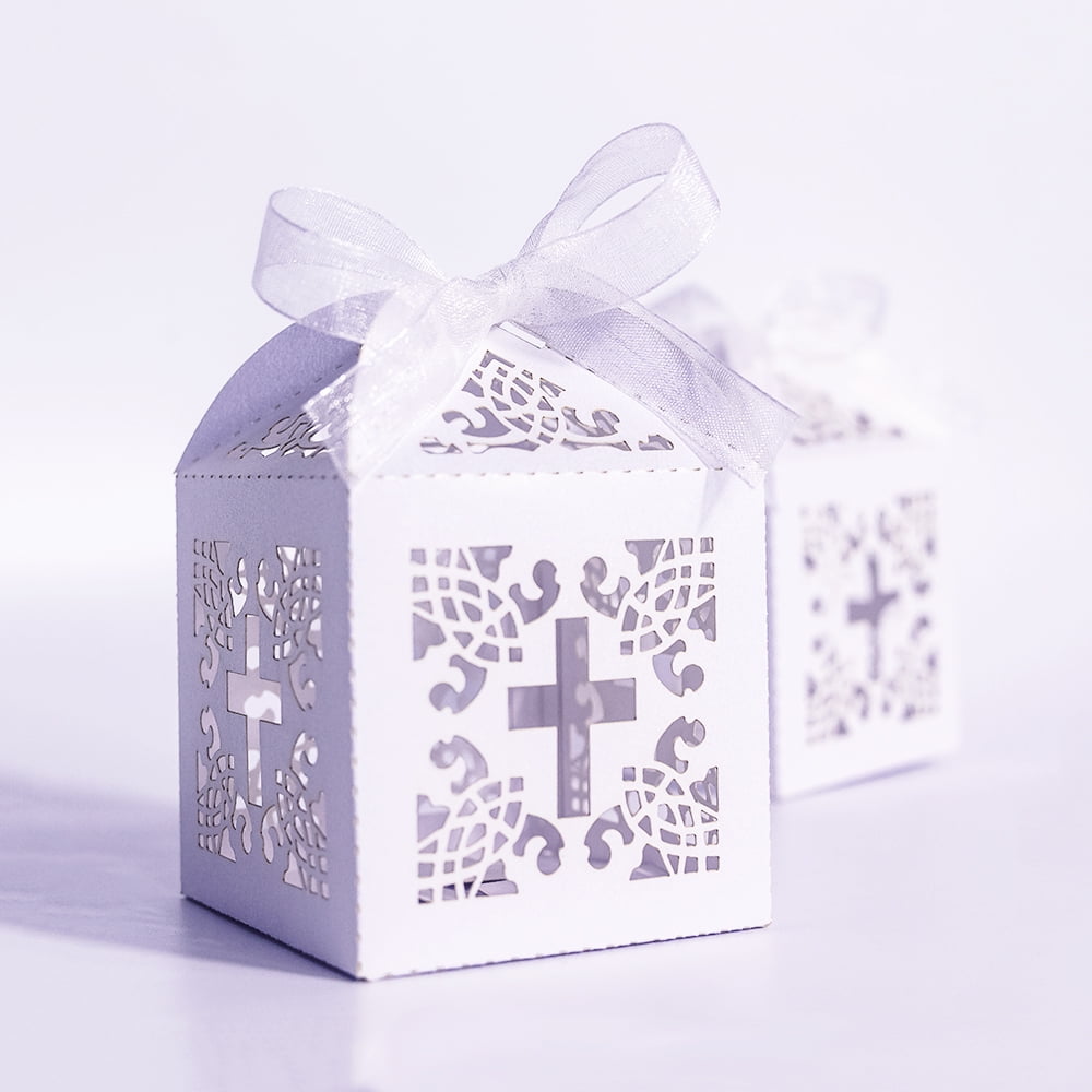 Yadiana 50PCS Baptism Favor Boxes, Thank You Tags for Decorations First Birthday Party (White)