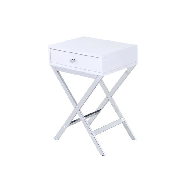 White and Chrome 16" Rectangular Side Table with Drawer Storage