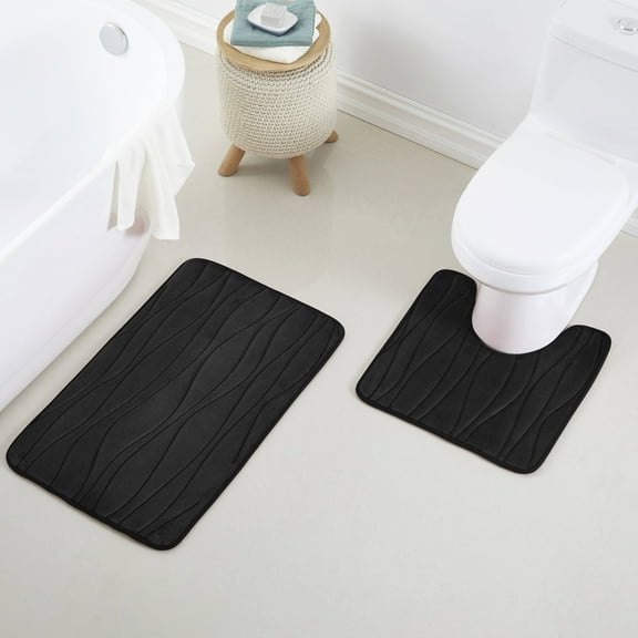 Yafa Home Fashion 2pc: 17" X 24" + 20"X 20" Bath Rug Set, Memory Foam; Water Absorbent & Non-Slip Bathmats(Black)