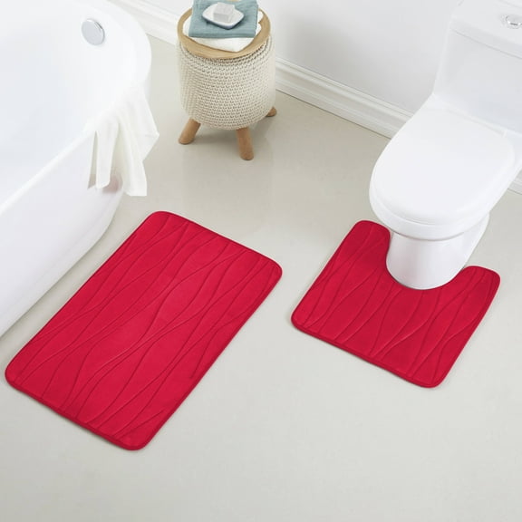Yafa Home Fashion 2pc: 17" X 24" + 20"X 32" Bath Rug Set, Memory Foam; Water Absorbent & Non-Slip Bathmats(Red)