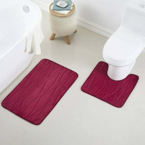 Yafa Home Fashion Burgundy Memory Foam Bath Rug Set, 17" x 32"+ 20" x 20", Non-Slip (2 Count)