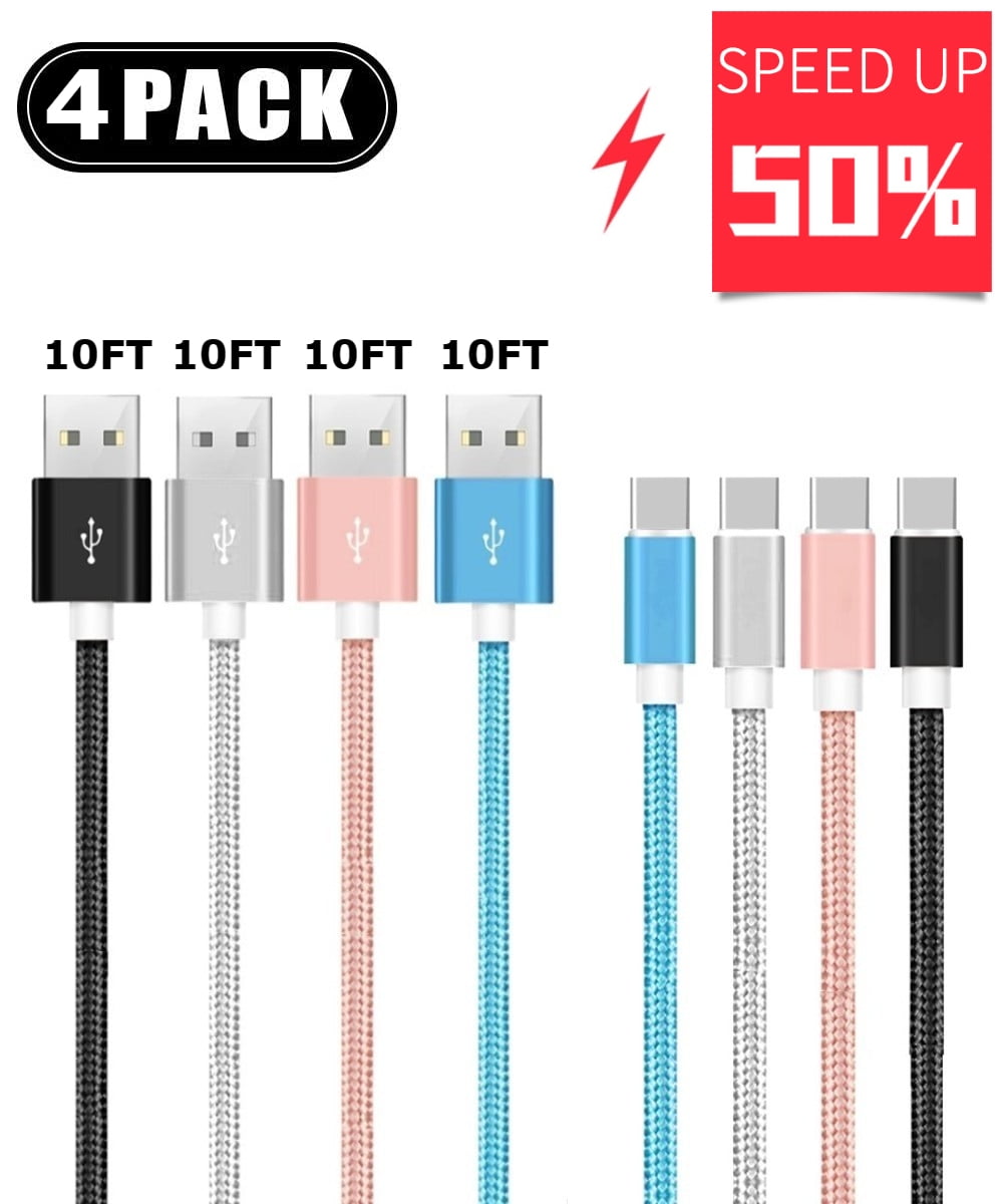 Yafe TC-6FT-4PK 10' Type C USB to C Charger Cable, Multicolors, 4 Pack