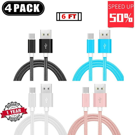 Yafe 4-Pack 6FT Type C USB-C Charger Cable Cord 3A Fast Samsung Galaxy S23 S22 S21 S20 S10 S9, LG, Moto