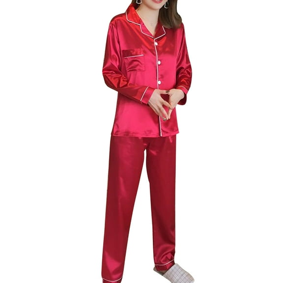 Yageerya 1 Set Household Sleepwear Trousers Simulated Silk Pajamas Set Fresh Long Sleeve Nightclothes Kit Female Cardigan Sleeping Clothings Kit for Spring Autumn Lady Wearing Size M Red