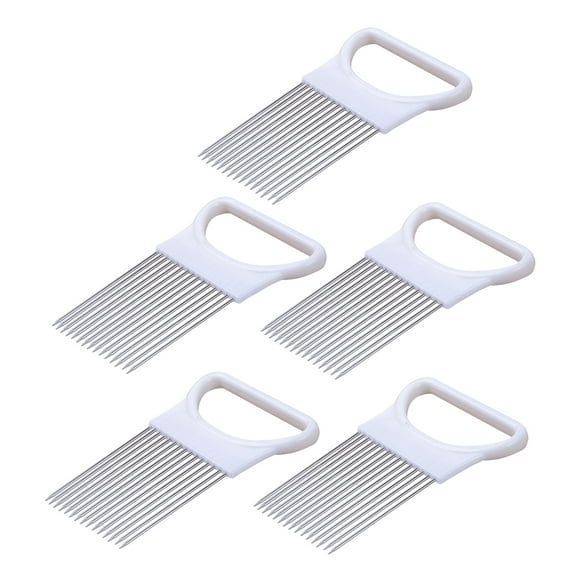 Yageerya 5 Pcs Stainless Steel Claw Shaped Onion Cutter Household Slicing Fixing Tool Fruit Cutting Holder with Plastic Handle for Tomato Vegetable Lemon Potato (White)