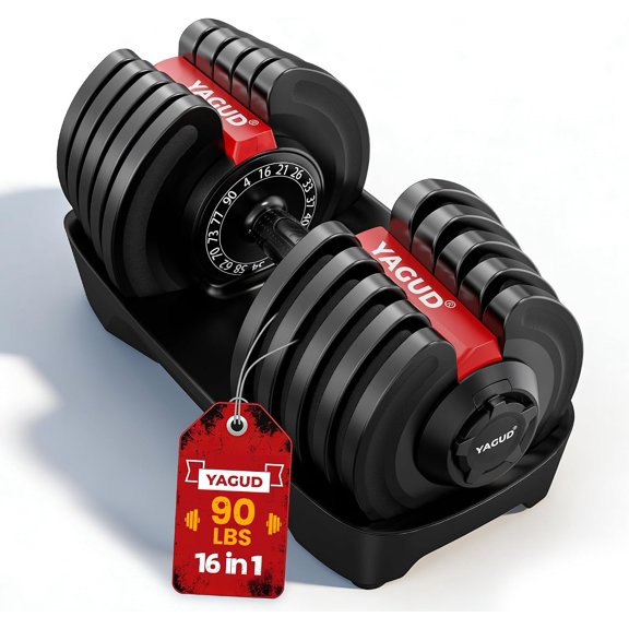 Yagud Adjustable Dumbbell Set, 52.5/90 lbs Weights Dumbbells, 1 Hand Rotation, Safety Lock System, Anti-Slip Textured Handle, Space-Saving Dumbbell Set for Full-Body Home Gym