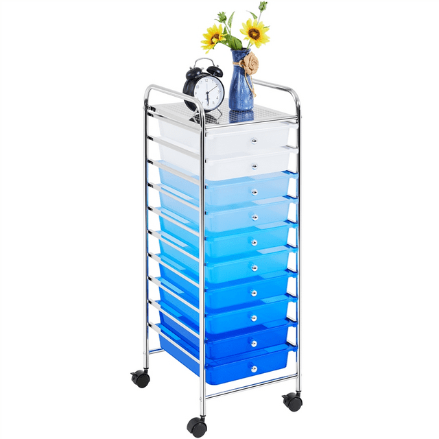 Yaheetech 10 Drawer Rolling Storage Cart with Lockable Wheels,Blue