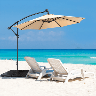 Yaheetech 10 Ft Patio Offset Umbrella with 32 LED Lights and Crank & Cross Base, Tan