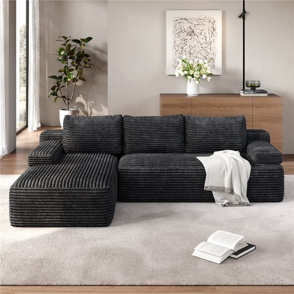Yaheetech 110" 3-Seat L-Shaped Sofa Modular Sectional Sofa Corduroy Cloud Couch with 2 Armrests and Detachable Pillows for Living Room, Dark Gray