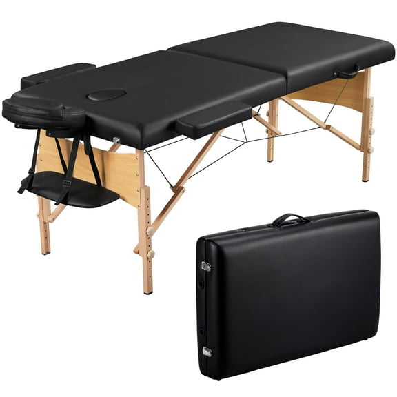 Yaheetech 2-Fold Portable Adjustable Beech Wood Massage Table w/ Face Cradle, Black