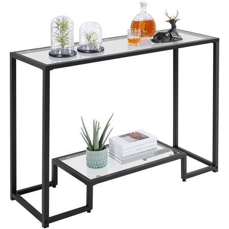 Yaheetech 2-Layer Modern Glass Console Table Accent Shelf for Hallway Living Room, Black