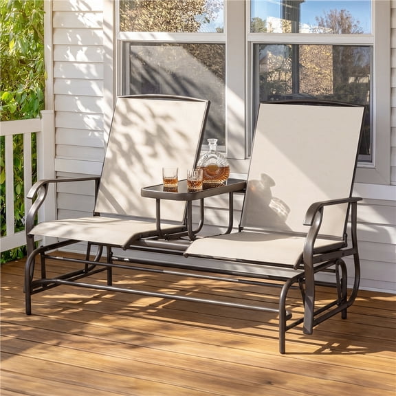 Yaheetech 2-Seater Outdoor Glider Bench with Steel Frame & Tempered Glass Table, Beige