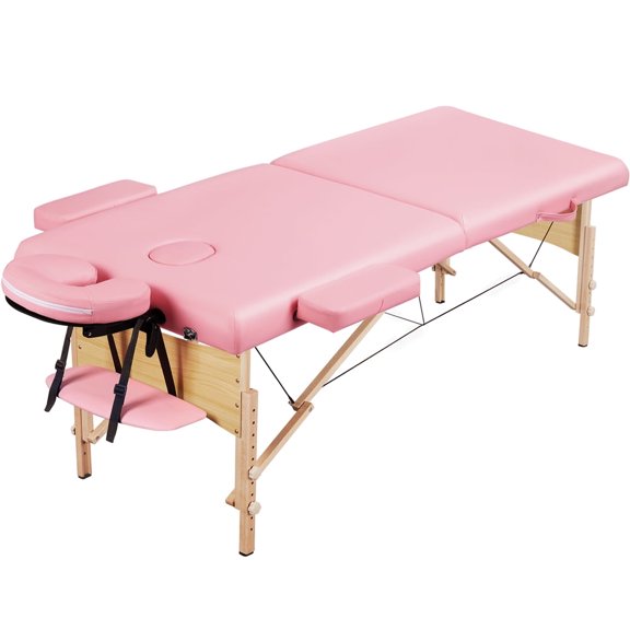 Yaheetech 2-Section Portable Folding Massage Table, Adjustable Height, Armrests, Carry Case, Pink