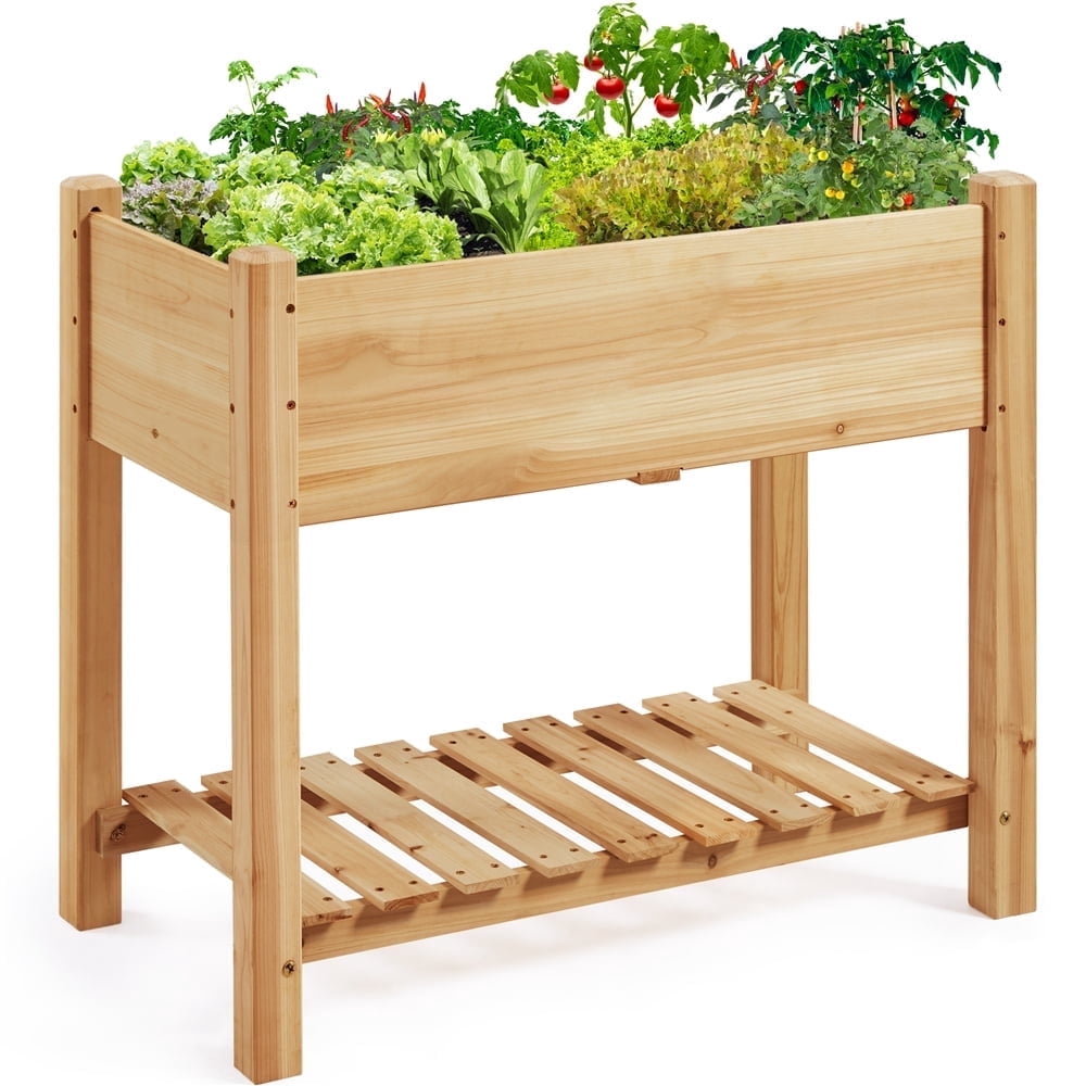 Yaheetech 2 Tiers Wooden Raised Garden Bed with Legs for Yard, Light Brown