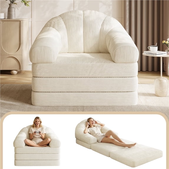 Yaheetech Convertible Sofa Bed 2-in-1 Folding Sleeper Chair Bed Corduroy Couch Bean Bag Chair for Living Room and Bedroom, Beige