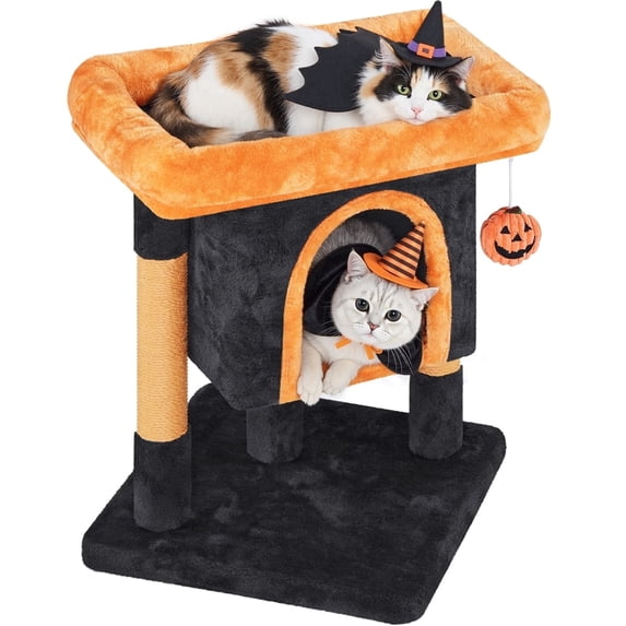 Yaheetech 23.5″ H 2-Level Small Cat Tree with Wide Perch, Cozy Cat Condo and Sisal Scratching Posts, Black/Pumpkin Orange