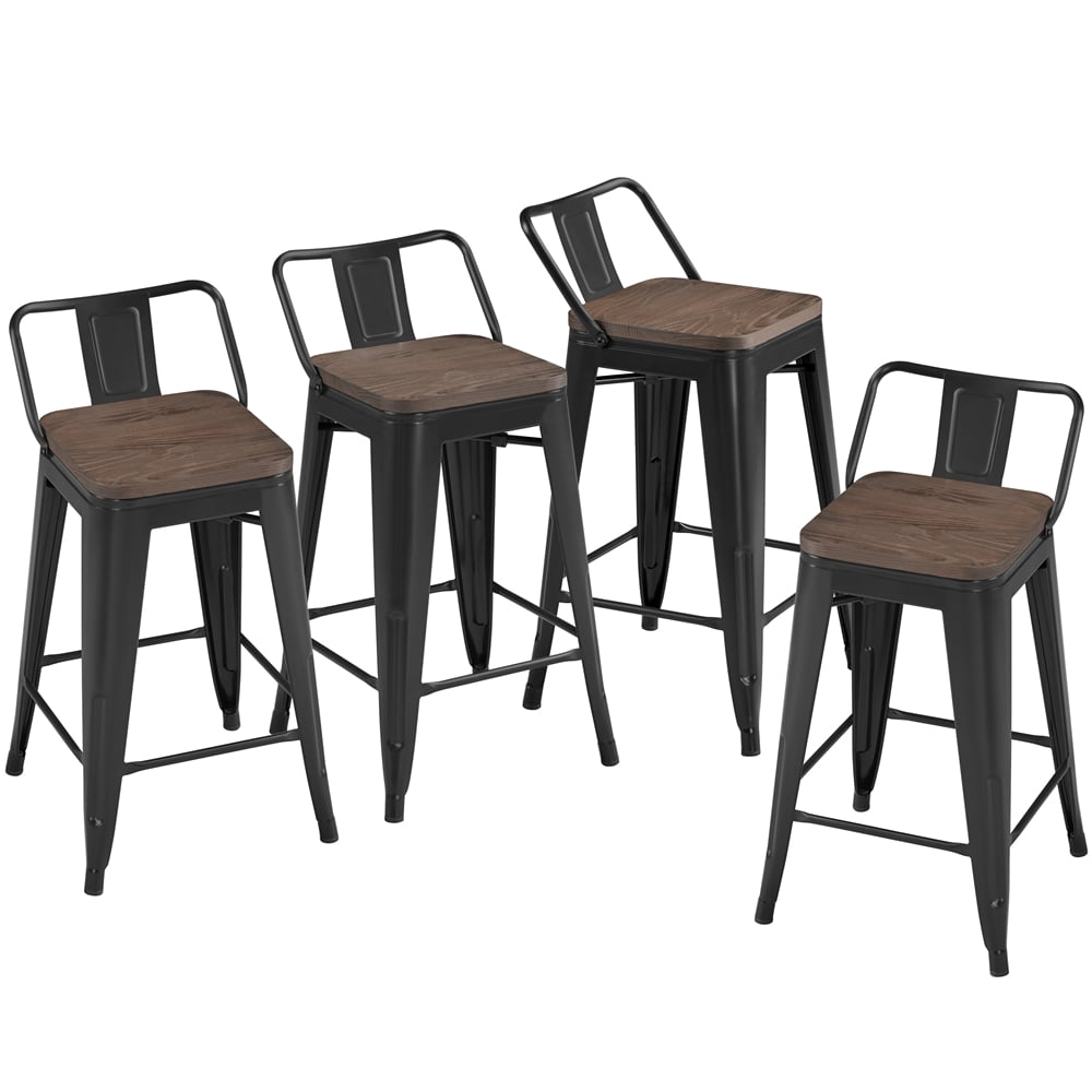 Set of 4 Black Metal Bar Stools with Wood Seats