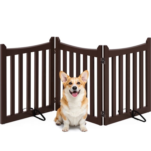 Yaheetech 24" Three-Panel Freestanding Foldable Wooden Pet Gate with Door and Support Feet, Espresso