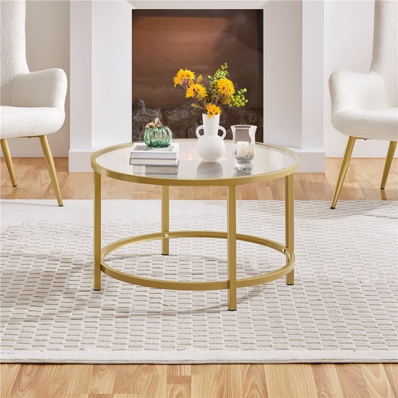 Yaheetech 27.5" Modern Glass Top Round Coffee Table for Living Room, Apartment, Gold