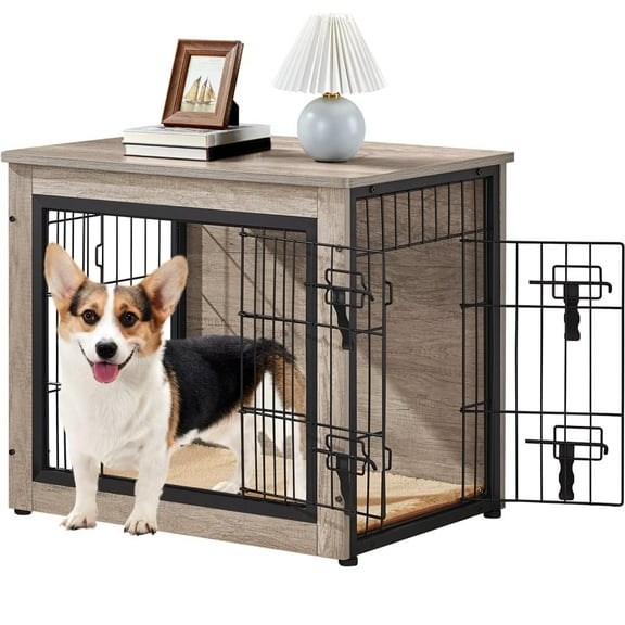 Yaheetech 27.5"W Dog Crate Furniture with Anti Skid Plush Mat, Gray