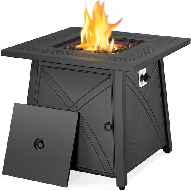 Yaheetech 28'' Propane Gas Fire Pit with Lid and Iron Tabletop, Black