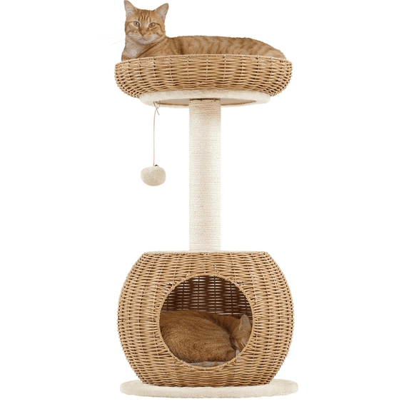 Yaheetech 29" Tall Rattan Cat House with Soft Cushion & Scratching Post, Beige