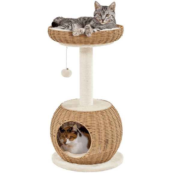 Yaheetech 29" Tall Rattan Cat House with Soft Cushion & Scratching Post, Beige