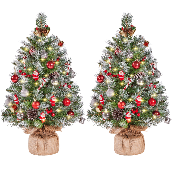 Yaheetech 2ft Pre-Lit Frosted Tabletop Christmas Trees with Pinecones, Set of 2, Green