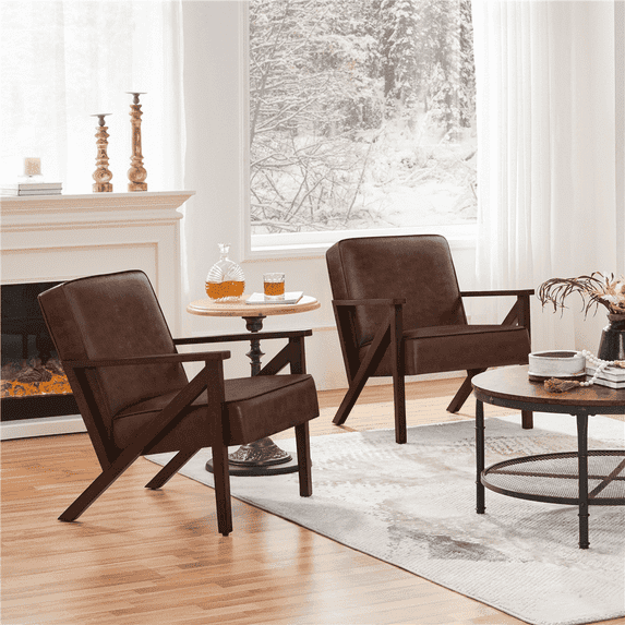 Yaheetech 2pcs Faux Leather Armchair Chair with Z-shaped Wood Legs for Living Room, Dark Brown