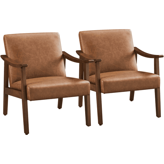 Yaheetech 2pcs Mid-Century Upholstered Faux Leather Armchair with Solid Wood Legs,Brown