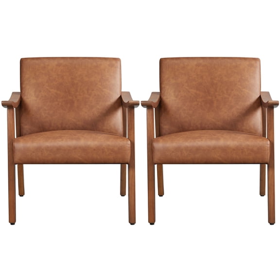 Yaheetech 2pcs Mid-Century Upholstered Faux Leather Armchairs with Solid Wood Legs, Light Brown