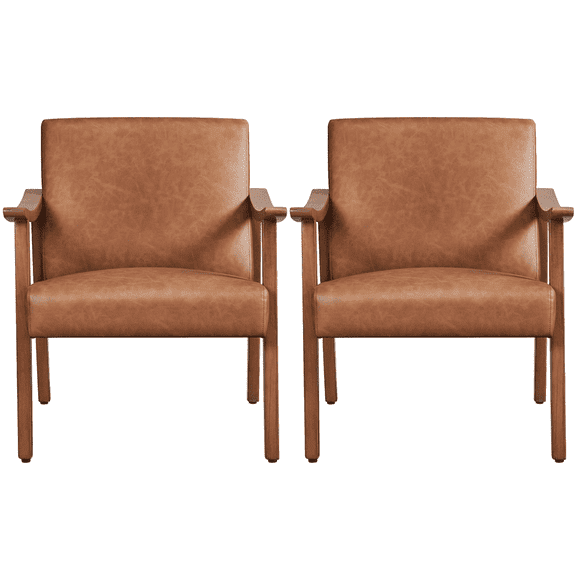 Yaheetech 2pcs Mid-Century Upholstered Faux Leather Armchair with Solid Wood Legs, Light Brown