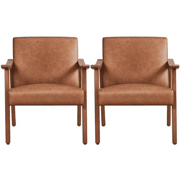 Yaheetech 2pcs Mid-Century Upholstered Faux Leather Armchair with Solid Wood Legs, Light Brown