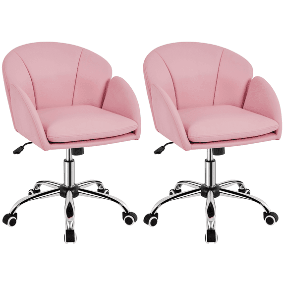 Yaheetech 2pcs Swivel Rolling Desk Chair Makeup Vanity Chair with Armrests, Simple Pink