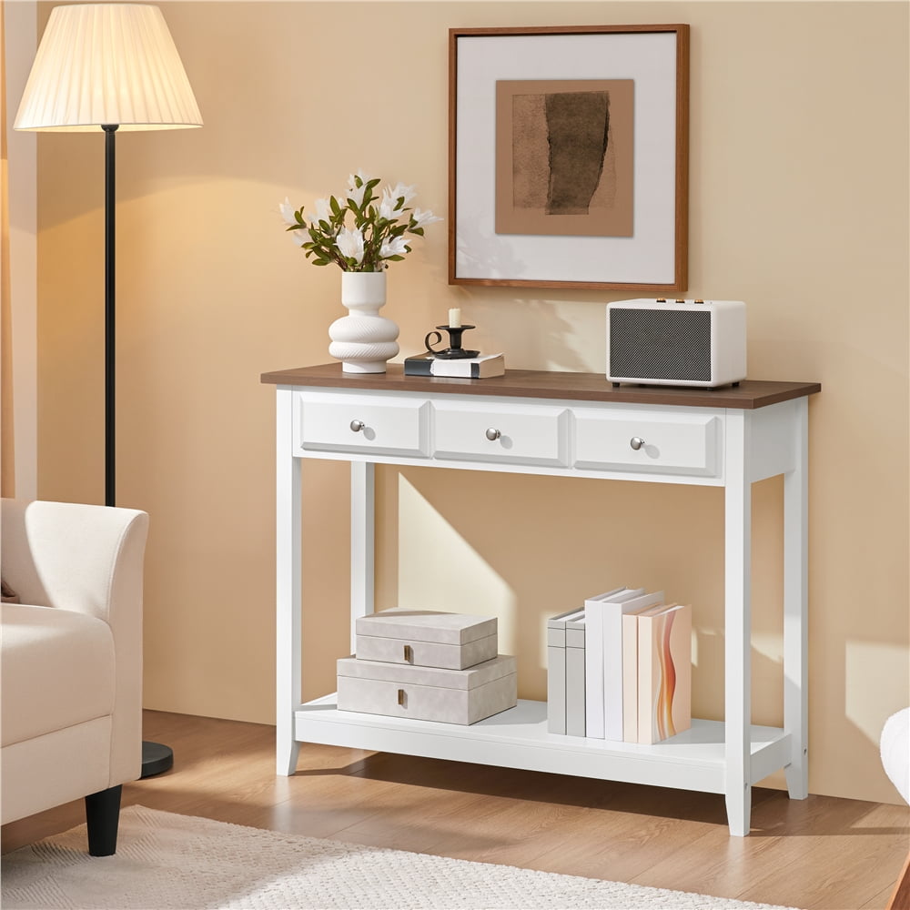 Yaheetech 3 Drawer Console Table with Storage Shelf, White & Brown ...