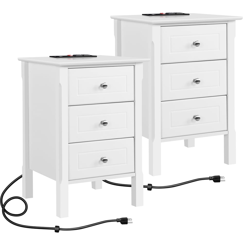 Yaheetech 3 Drawer Nightstand with Charging Station, Set of 2,White