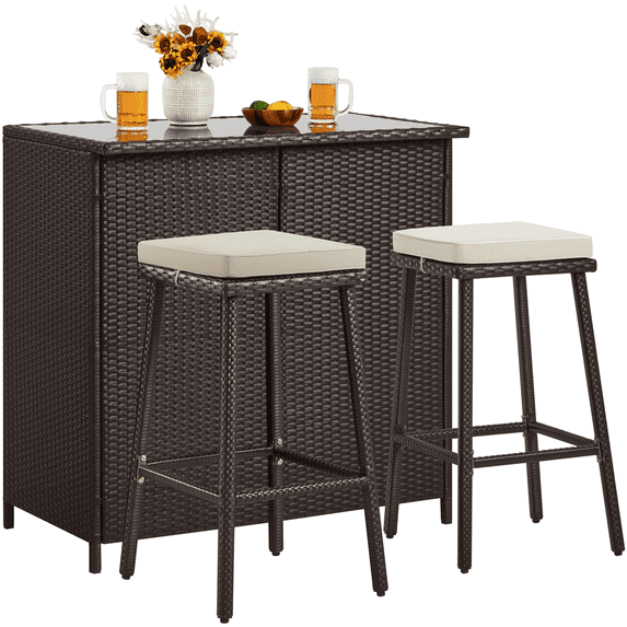 Yaheetech 3-Piece Outdoor Rattan Wicker Patio Furniture Set, Brown/Khaki