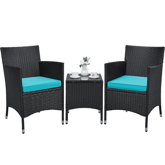 Yaheetech 3-Piece Wicker Furniture Set with Side Table, Black/Cyan