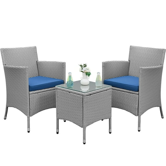 Yaheetech 3-Piece Wicker Furniture Set with Side Table, Gray/Dark Blue