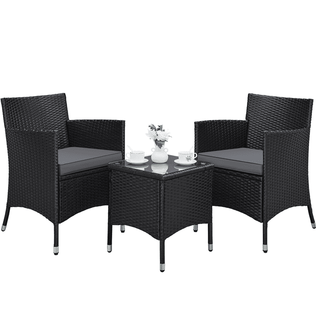 Yaheetech 3-Piece Wicker Rattan Coffee Table and Chairs Set, Black/Gray